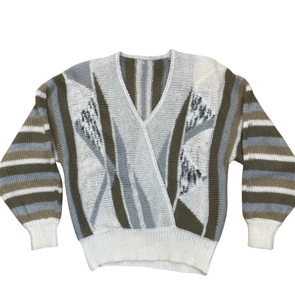 80s Abstract Knit Glam Sweater VTG Neutral V-Neck Pads Metallic Disco New Wave